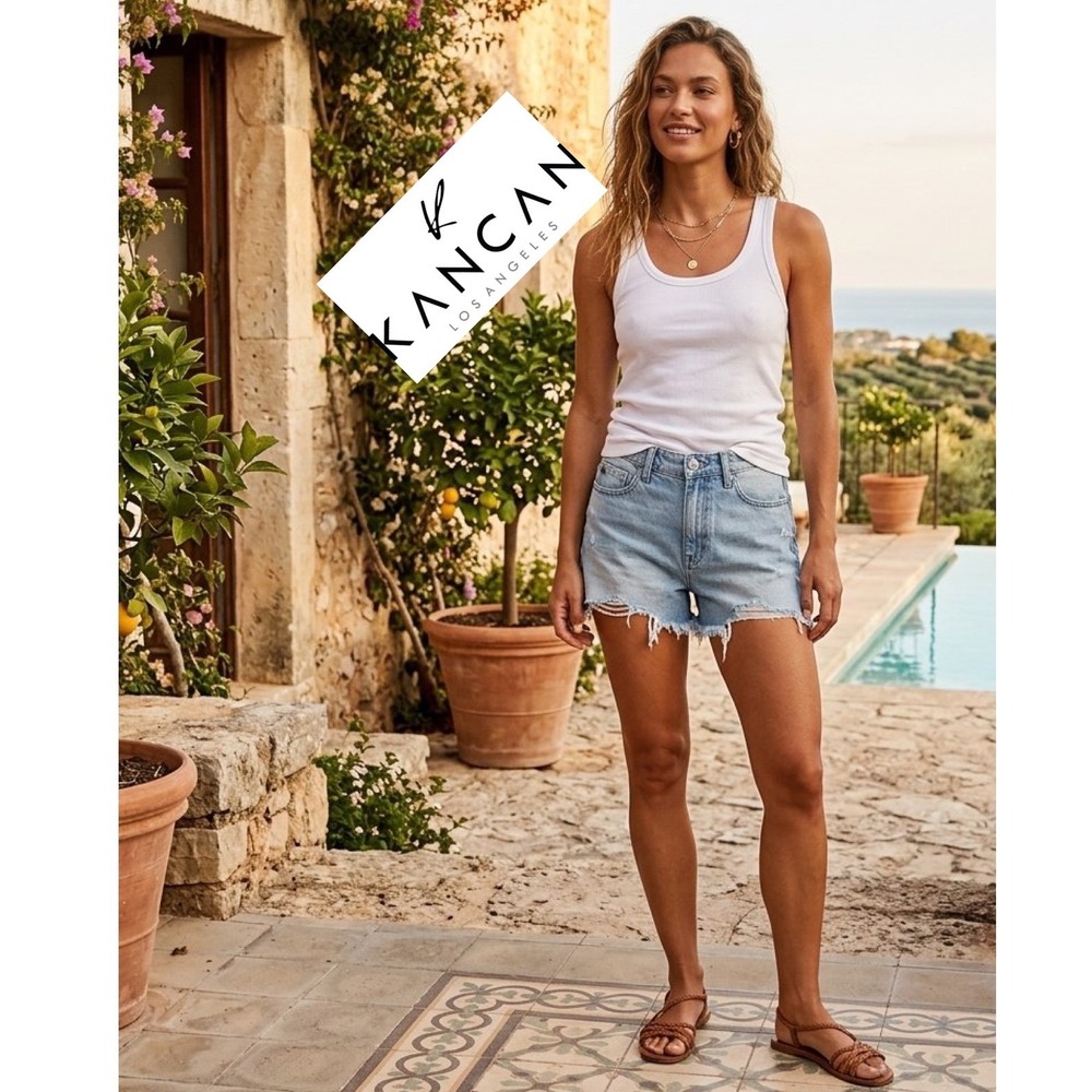 KanCan High Rise Frayed Raw Hem Denim Shorts Light Wash KC9145L-OP Size 5 26